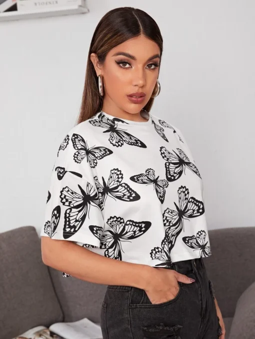 Allover Butterfly Print Drop Shoulder Crop Tee - Image 4