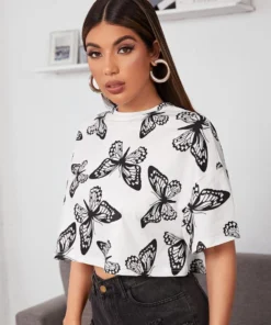 Allover Butterfly Print Drop Shoulder Crop Tee