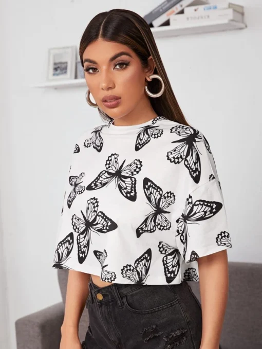 Allover Butterfly Print Drop Shoulder Crop Tee - Image 2