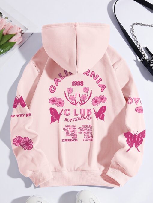 Butterfly And Letter Graphic Kangaroo Pocket Drawstring Hoodie - Image 5