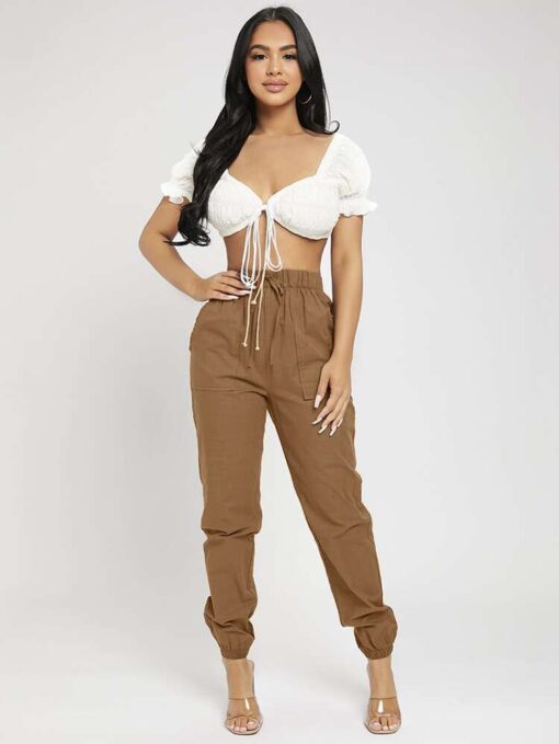 Brown High Waist Knot Detail Jogger Pants