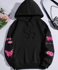 Butterfly And Letter Graphic Kangaroo Pocket Drawstring Hoodie