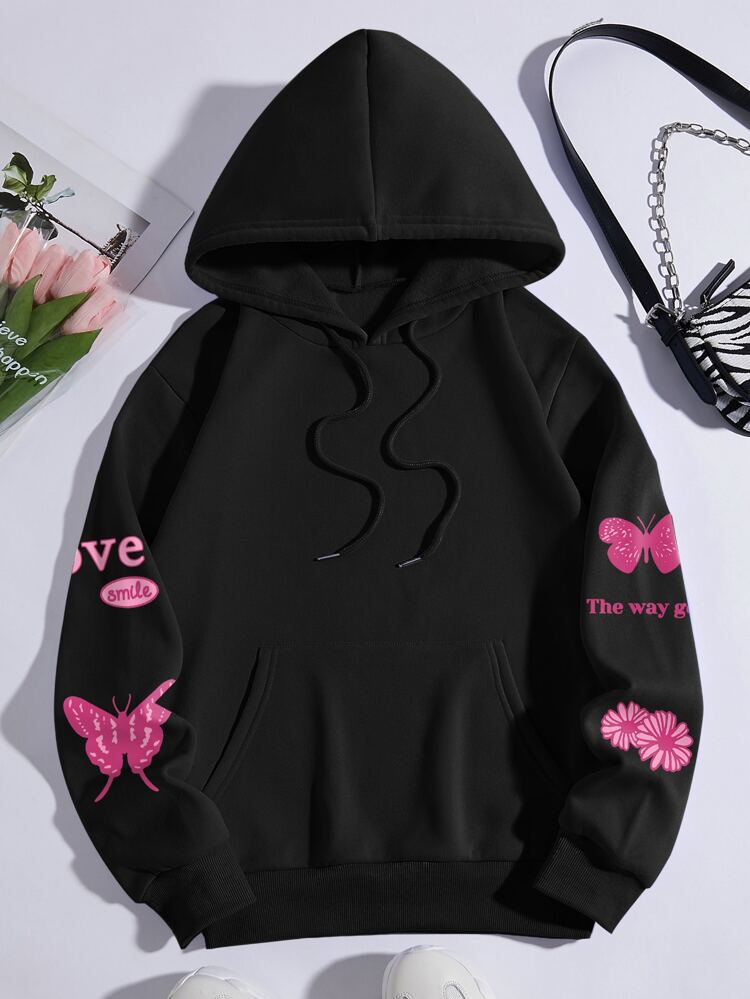 Butterfly And Letter Graphic Kangaroo Pocket Drawstring Hoodie