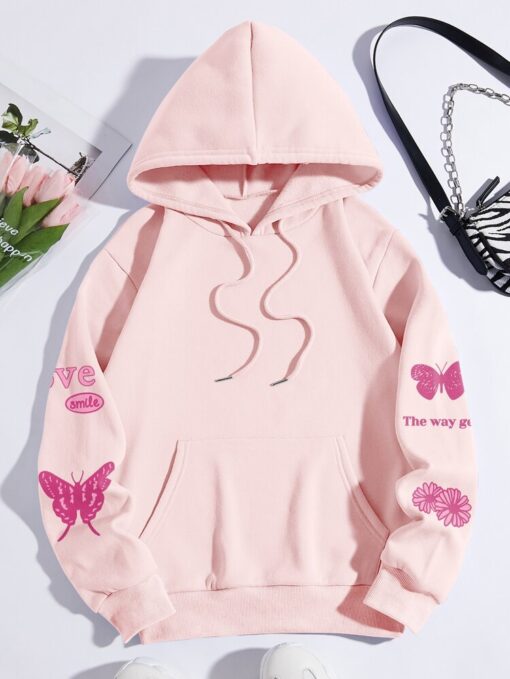 Butterfly And Letter Graphic Kangaroo Pocket Drawstring Hoodie - Image 4