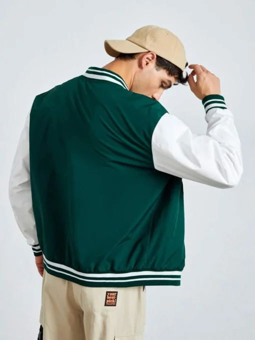 Men Colorblock Letter Patched Contrast Tape Bomber Jacket - Image 2