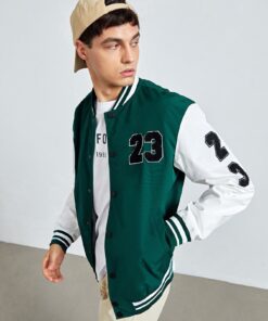 Men Colorblock Letter Patched Contrast Tape Bomber Jacket