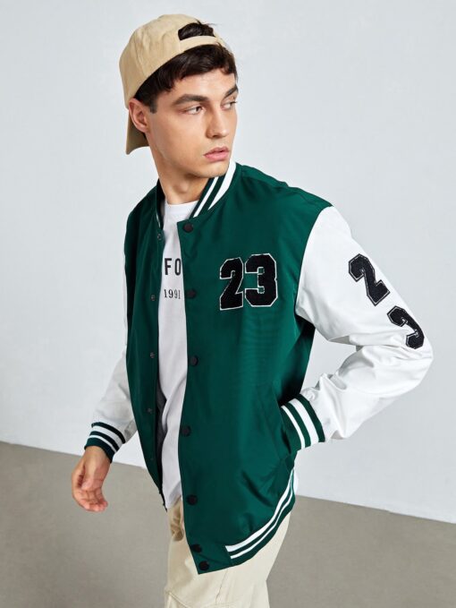 Men Colorblock Letter Patched Contrast Tape Bomber Jacket