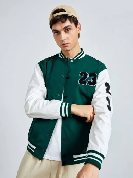 Men Colorblock Letter Patched Contrast Tape Bomber Jacket - Image 3